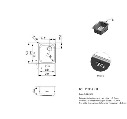Reginox R18 2330 OSK Single bowl inset SS kitchen sink 281x341mm