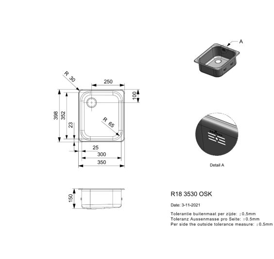 Reginox R18 3530 OSK Single bowl inset SS kitchen sink 350x398mm