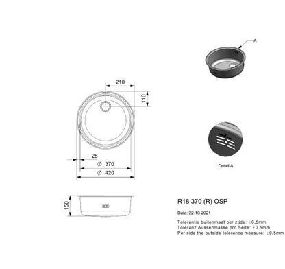 Reginox R18 370 OSP Single bowl inset SS kitchen sink 420mm