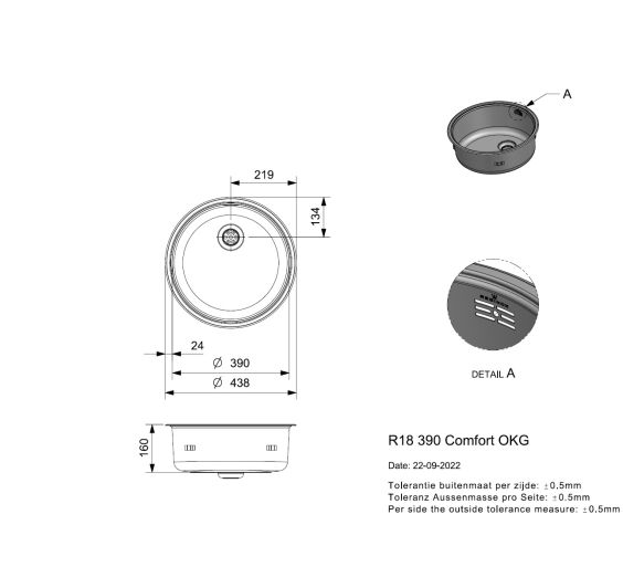 Reginox R18390 Comfort round bowl Inset SS Kitchen Sink 438mm
