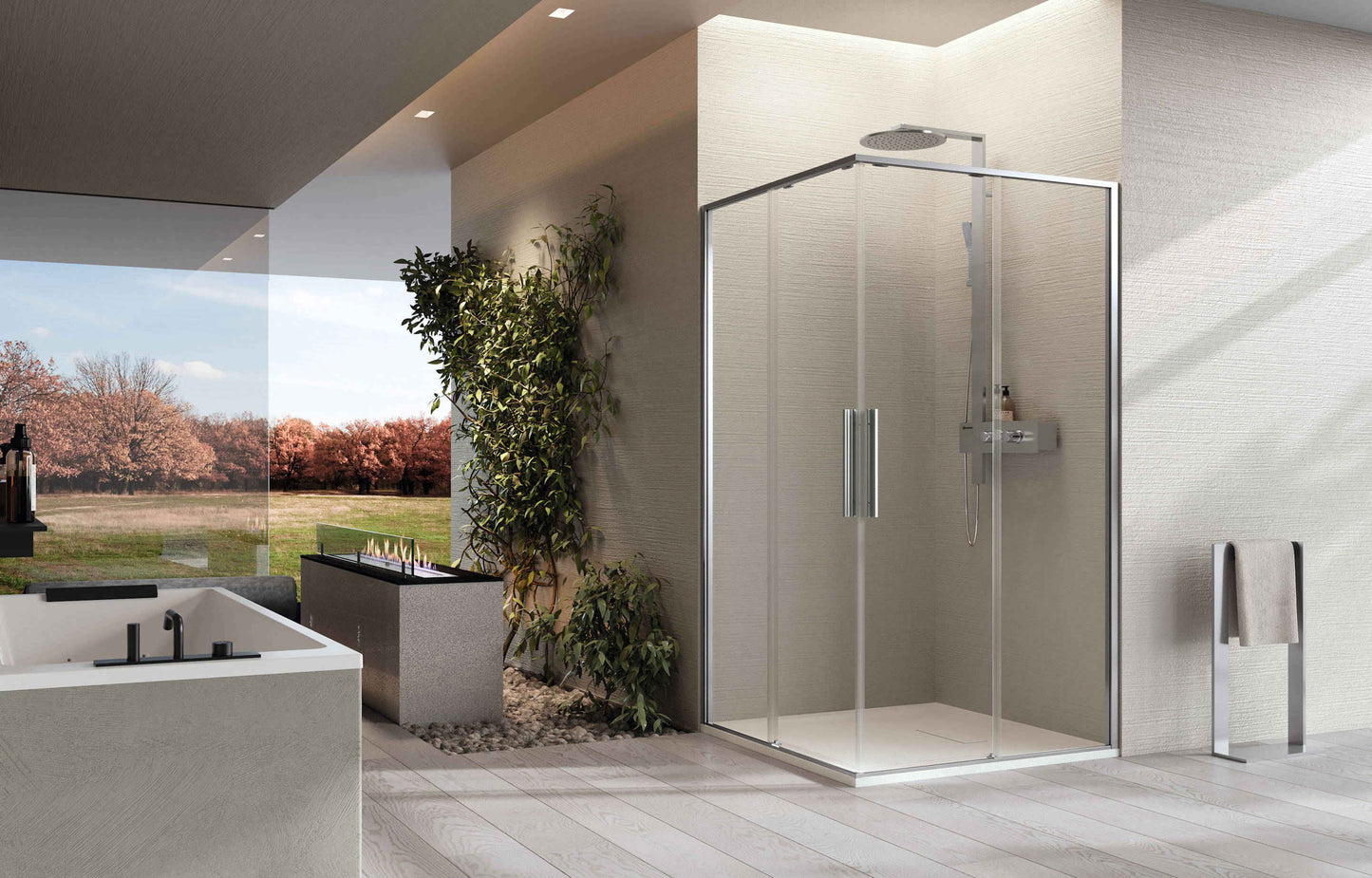 Novellini Riga A, 2  Shower doors + 2 Fixed Panels Gold/Bronze/Inox