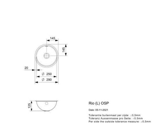 Reginox RIOSPHNOF 1 bowl inset/undermount SS kitchen sink 290mm, No Overflow