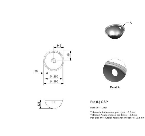 Reginox RIO 1 bowl inset/undermount SS kitchen sink 290mm