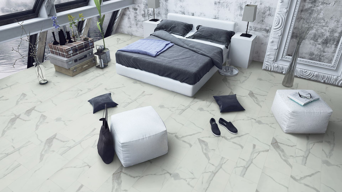 LVT Flooring Carrara White Marble Matt - Lignum Core Tile - Pack Size: 2.23m²