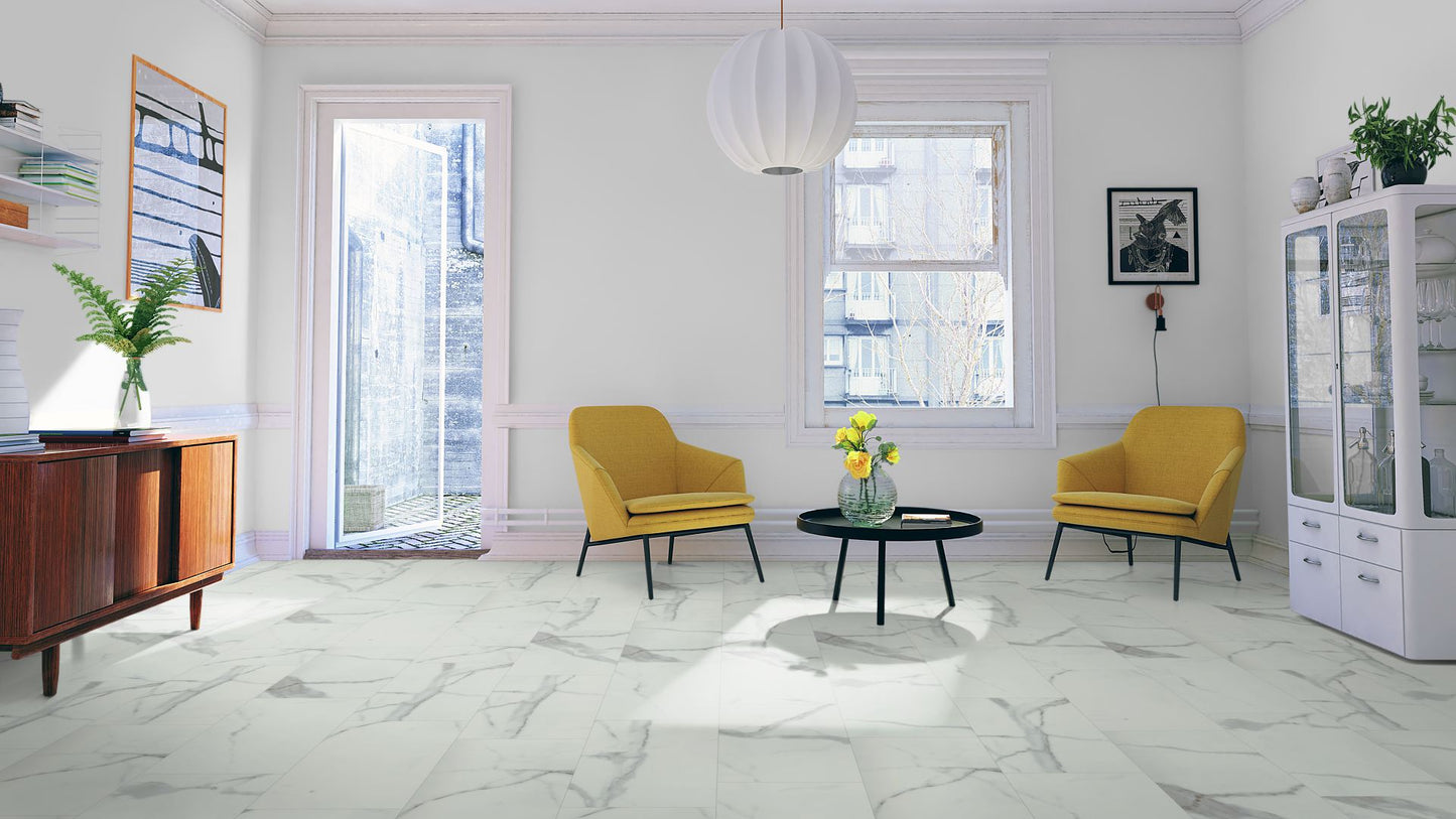 LVT Flooring Carrara White Marble Matt - Lignum Core Tile - Pack Size: 2.23m²