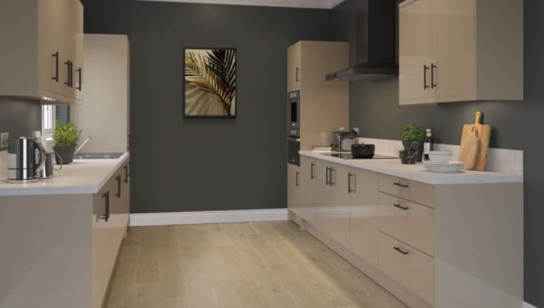 Slab Super Gloss Cashmere Base Kitchen Cabinets with UNICLIC Technology, Flat packed