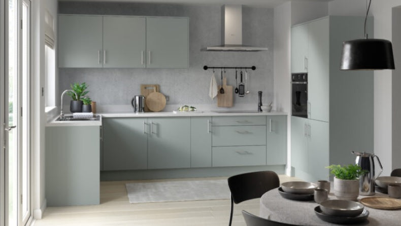 Slab SuperMatt Aquamarine Wall Kitchen Cabinets with UNICLIC Technology, Flat packed