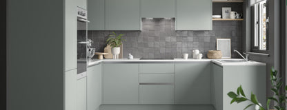 True Handleless SuperMatt Aquamarine Kitchen Base Cabinets with UNICLIC Technology, Flat packed