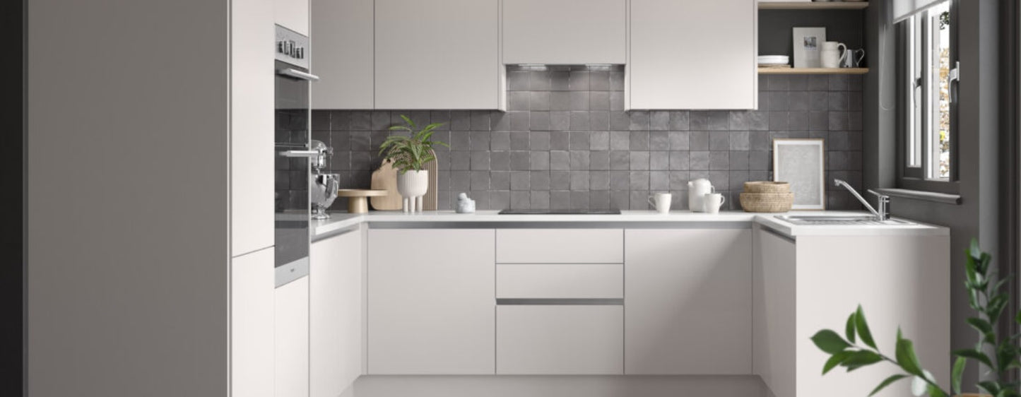 True Handleless SuperMatt Cashmere Kitchen Base Cabinets with UNICLIC Technology, Flat packed
