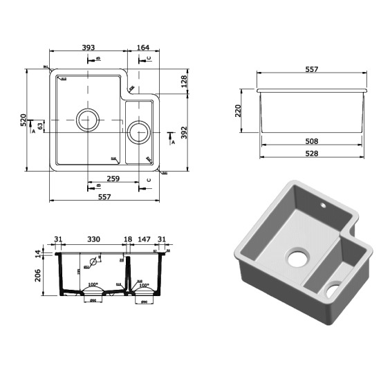 Reginox Tuscany II White Ceramic 1.5 bowl Inset/Undermount kitchen sink