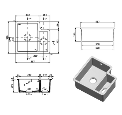 Reginox Tuscany II White Ceramic 1.5 bowl Inset/Undermount kitchen sink