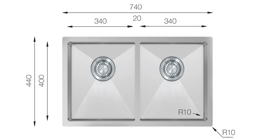 UKinox TNL 340.50.50  Polished 2 Bowl Handmade SS Undermount/Inset kitchen sink