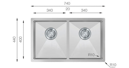 UKinox TNL 340.50.50  Polished 2 Bowl Handmade SS Undermount/Inset kitchen sink