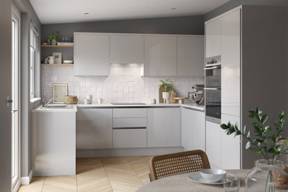 True Handleless SuperGloss Light Grey Kitchen Base Cabinets with UNICLIC Technology, Flat packed