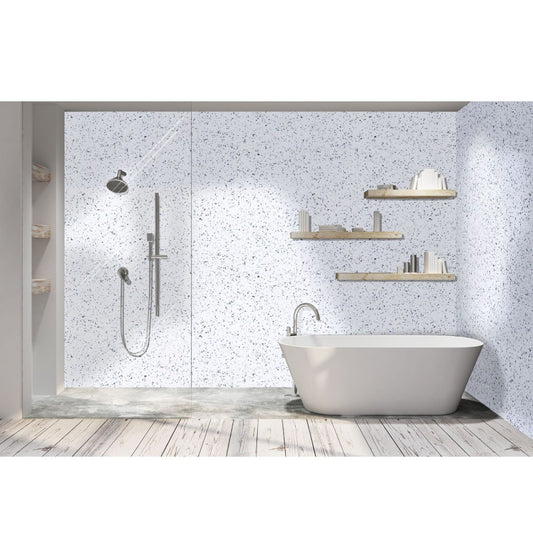 White Sparkle Gloss Shower Panel on 9mm 100% Waterproof Solid Composite core 2400x1185