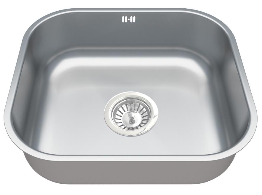 Stainless steel kitchen sink with drainboard on a white background