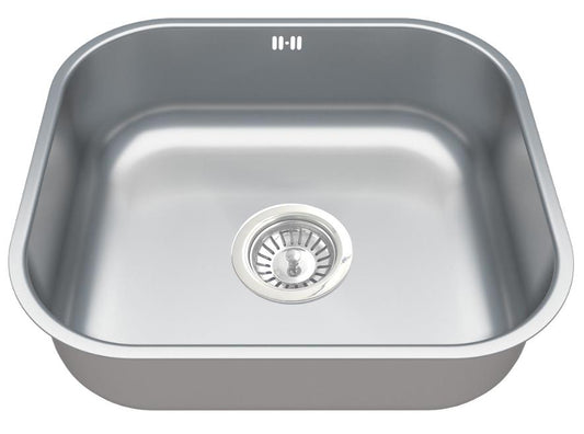 Stainless steel kitchen sink with drainboard on a white background