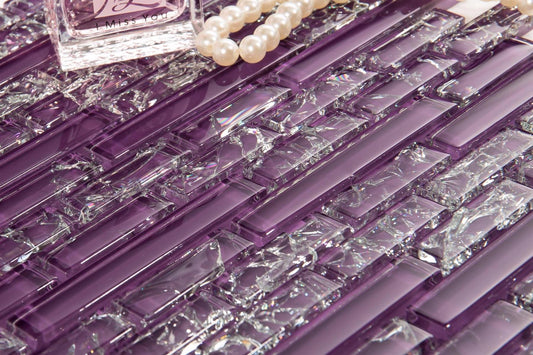 Purple Crackle & Plain Glass Mosaic Wall Tile sheet (MT0168)
