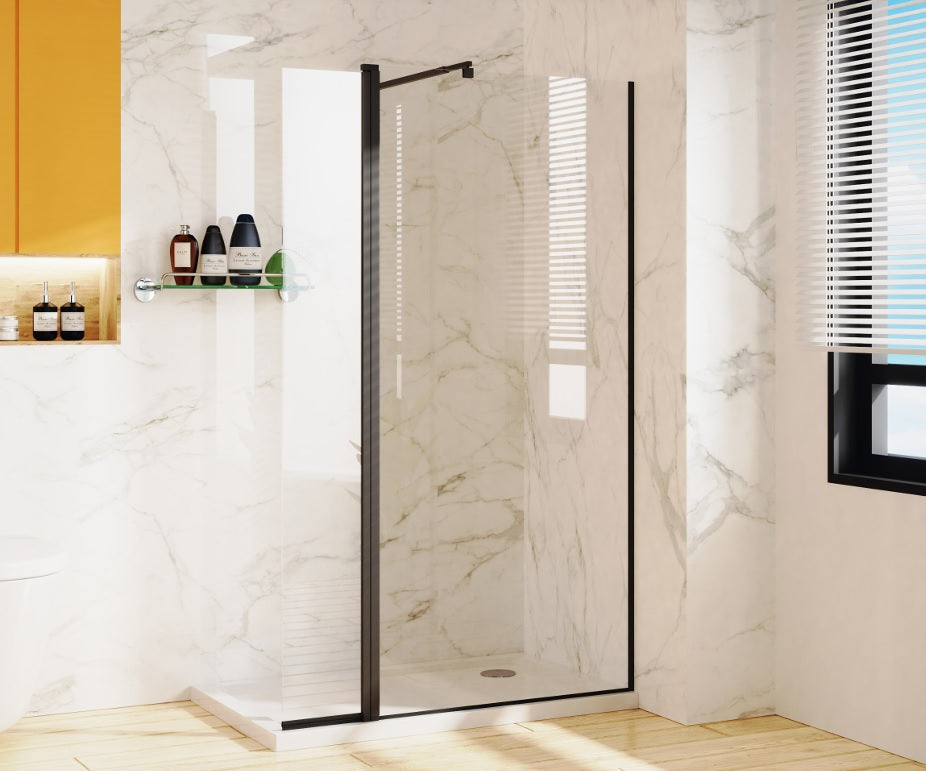 VRB Wetroom Shower Screen/Panel 8mm Glass Matte Black Finish. Various sizes