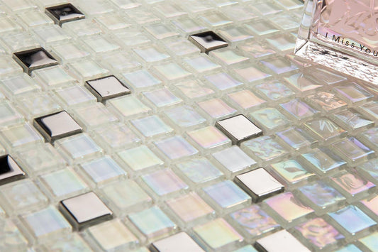 White Iridescent Textured and Smooth Glass Mosaic Tiles (MT0143)