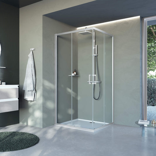 Novellini CLICK A, 6mm CORNER ENTRY ENCLOSURE WITH TWO SLIDING DOORS + TWO FIXED PANELS