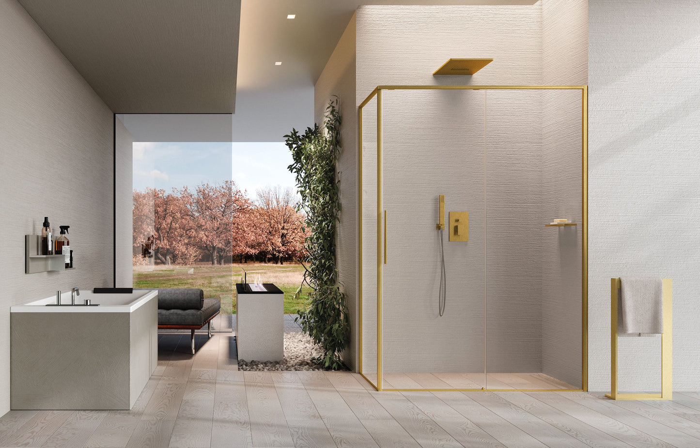 Novellini Riga 2P+F, 1 Sliding Shower door+1 Fixed Panel In Line+Side Panel Gold/Bronze/Inox
