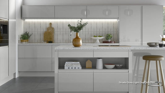 Strada Gloss LIGHT GREY J-Pull kitchen cupboard door fronts, end panels and accessories