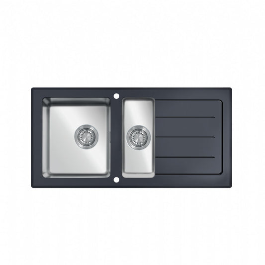 UKinox Black Glass Inset 1.5 bowl Reversible kitchen sink 1000x500mm