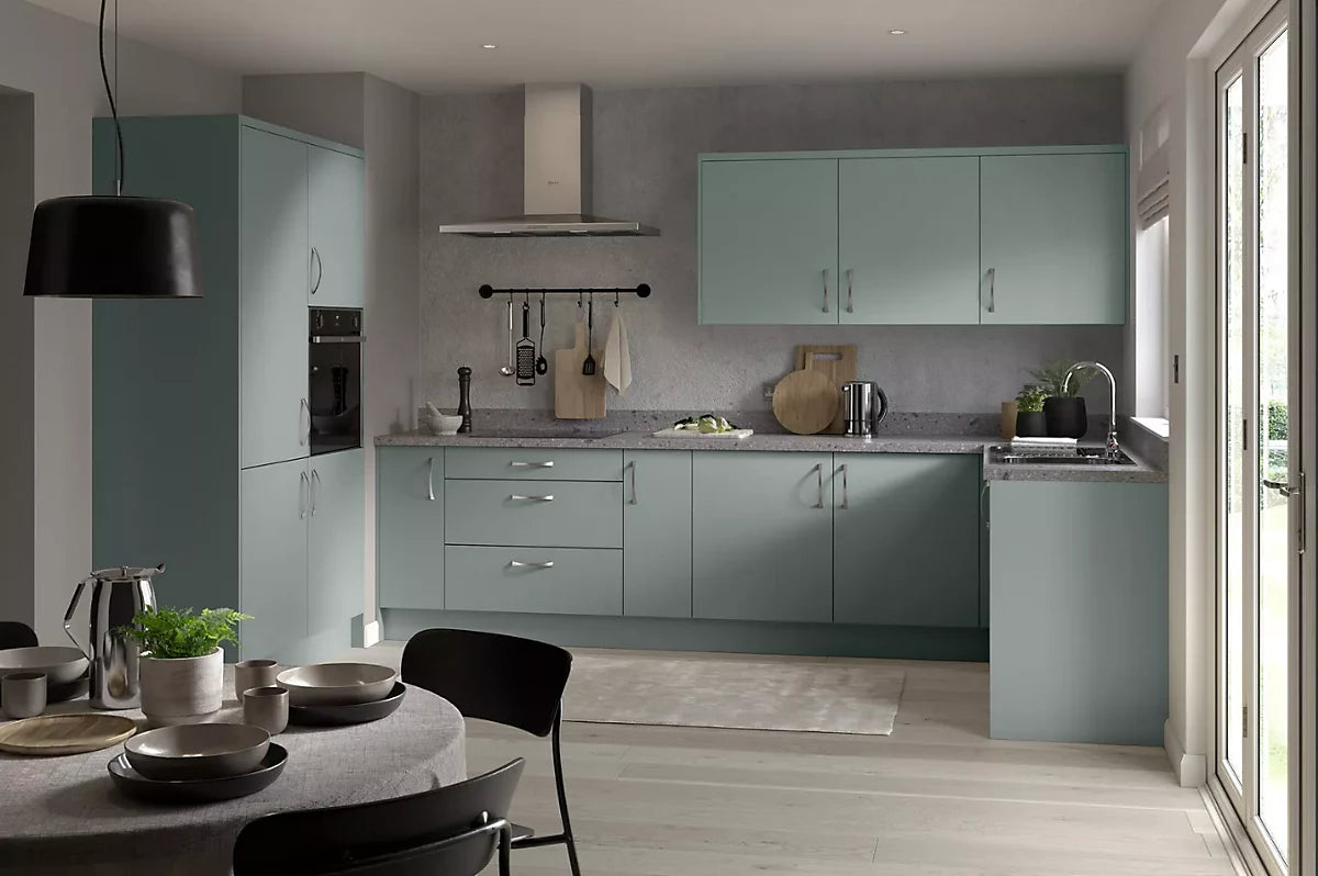Shaker UltraMatt Sage Green Wall Kitchen Cabinets with UNICLIC Technology, Flat packed