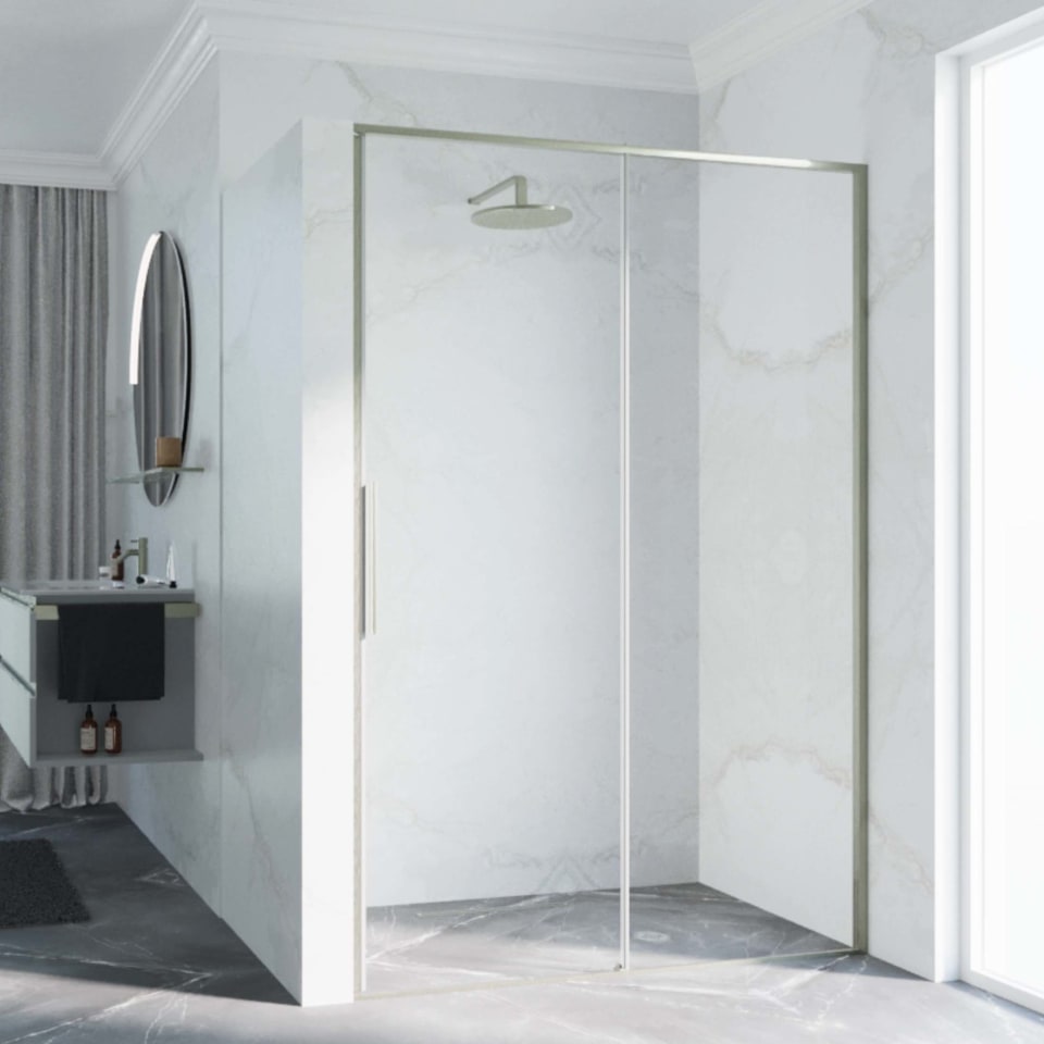 Novellini Riga 2P, 1 Sliding Shower door + 1 Fixed Panel Gold/Bronze/Inox