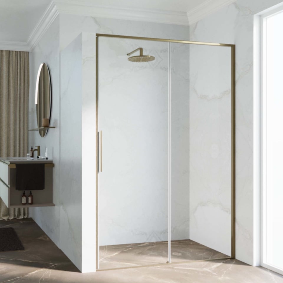 Novellini Riga 2P, 1 Sliding Shower door + 1 Fixed Panel Gold/Bronze/Inox