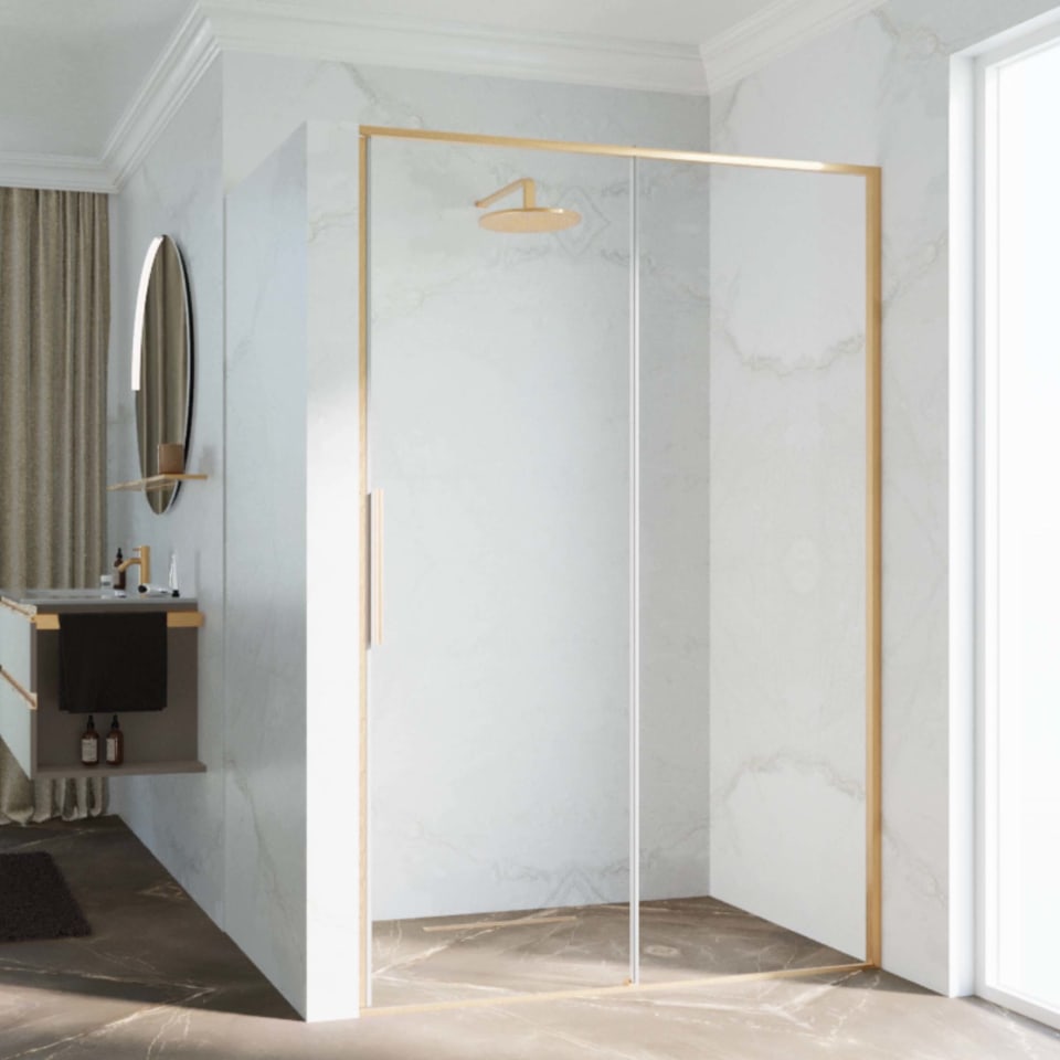 Novellini Riga 2P, 1 Sliding Shower door + 1 Fixed Panel Gold/Bronze/Inox