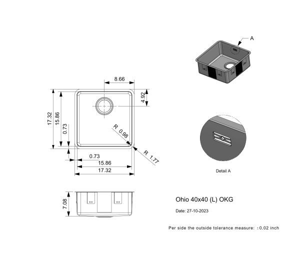 Reginox Ohio 40x40L Inset/Undermount 1 bowl SS Kitchen Sink