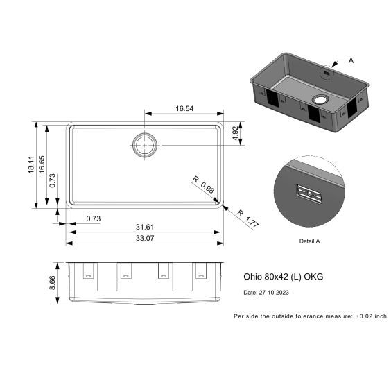 Reginox Ohio 80x42L Inset/Undermount Extra Wide 1 bowl SS Kitchen Sink