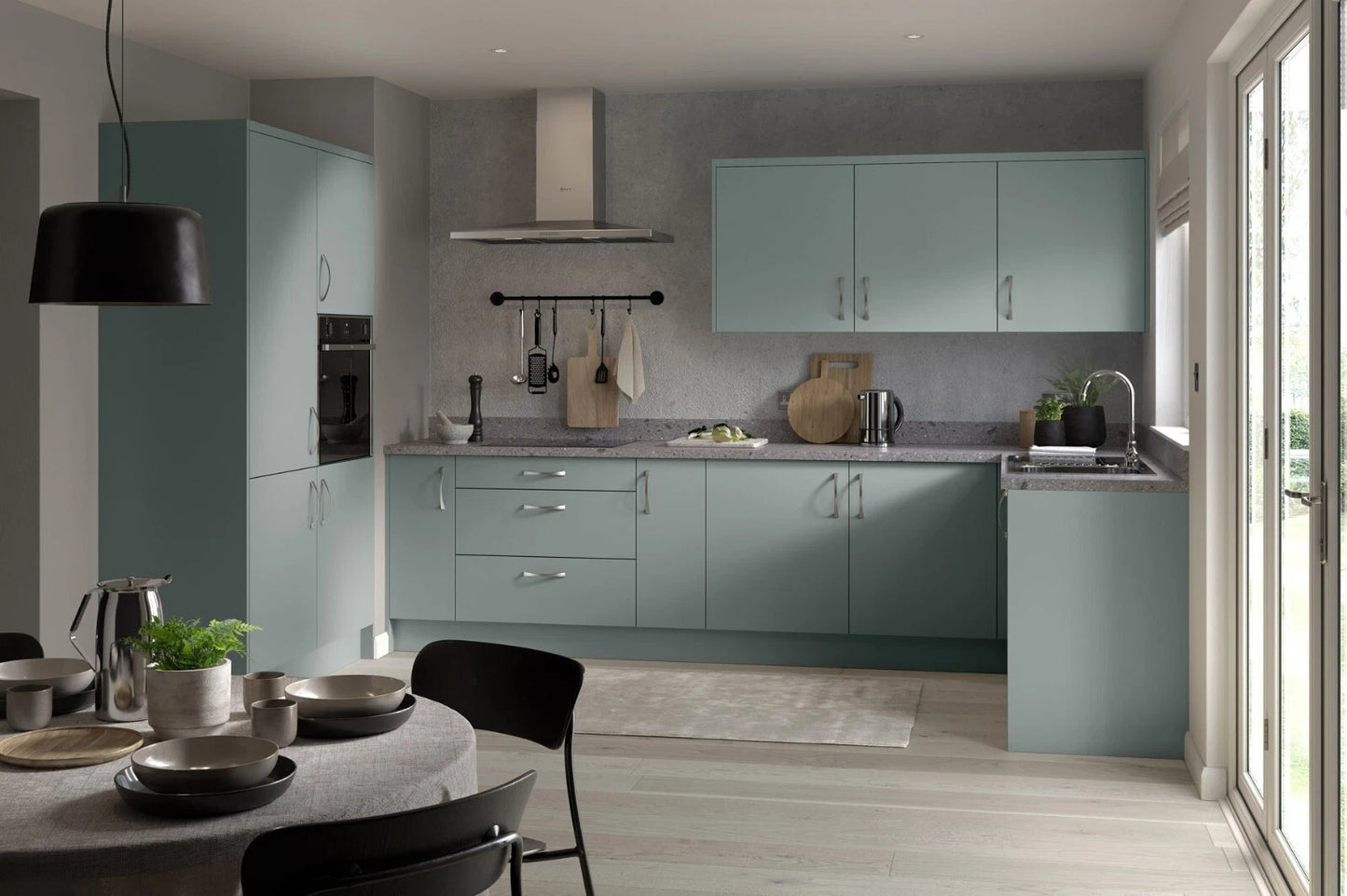 Slab SuperMatt Agave Green Base Kitchen Cabinets with UNICLIC Technology, Flat packed