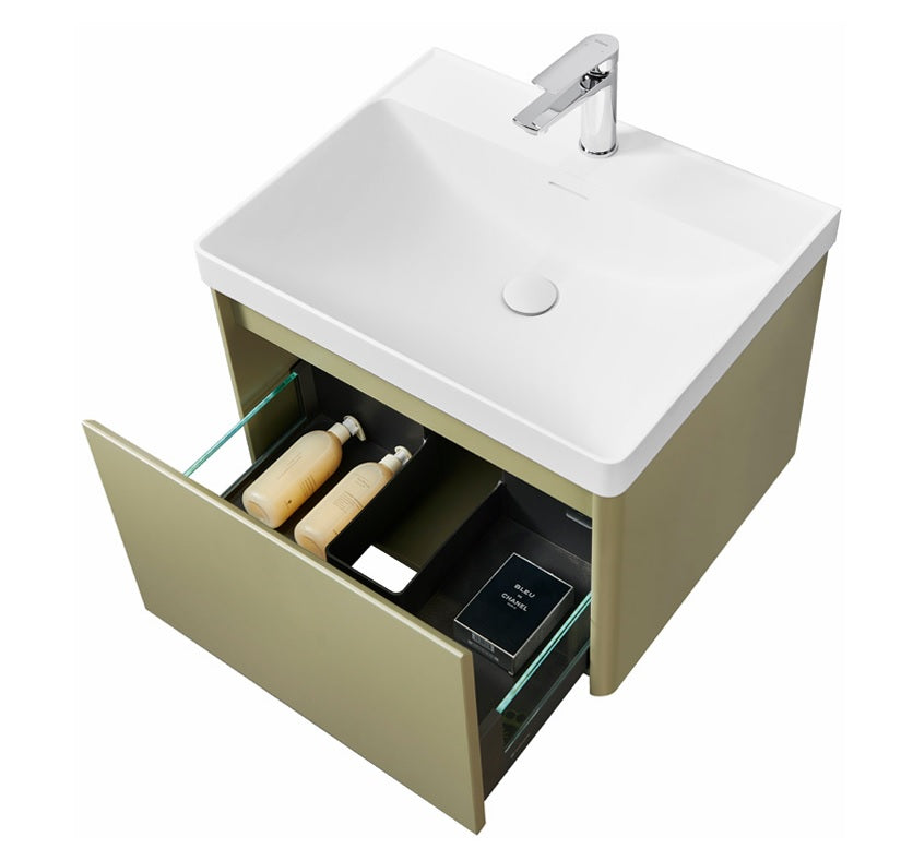 Vogue Olive Green 600mm Rigid Wall Hung Unit With Handleless LED Drawers LAQ600_GREEN