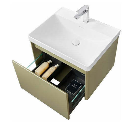 VRB Vogue Olive Green 600mm Rigid Wall Hung Unit With Handleless LED Drawers LAQ600_GREEN