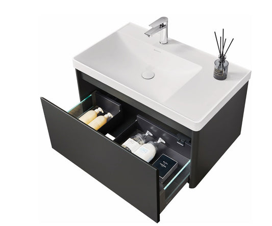VRB Vogue Matte Grey 800mm Rigid Wall Hung Unit With Handleless LED Drawers LAQ800_GREY