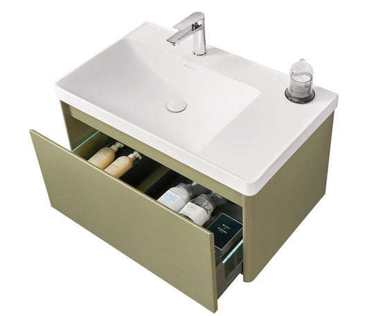 VRB Vogue Olive Green 800mm Rigid Wall Hung Unit With Handleless LED Drawers LAQ800_GREEN