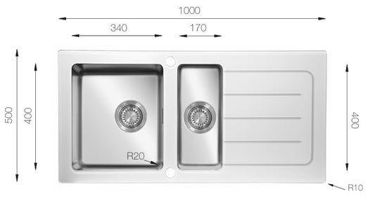 UKinox White Glass Inset 1.5 bowl Reversible kitchen sink 1000x500mm