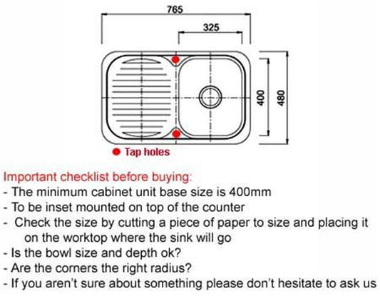 765 x 480mm Polished Inset Reversible Stainless Steel Sink with Drainer (B04 mr)