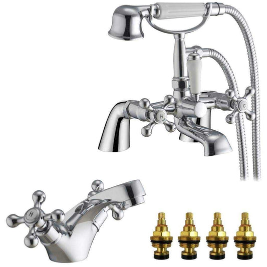Traditional Victorian Bath & Shower Mixer and Basin Mixer Tap Set (Viscount 41)