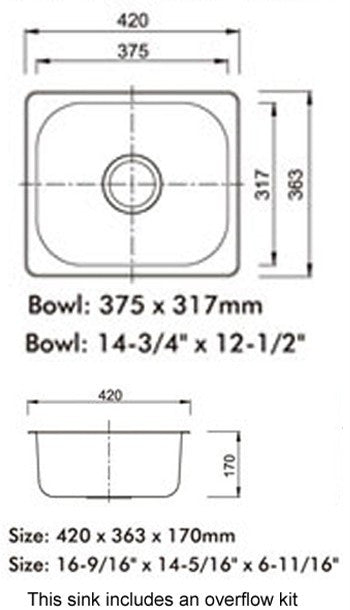 420 x 363mm Brushed Stainless Steel Inset Kitchen Sink (A11 BS)