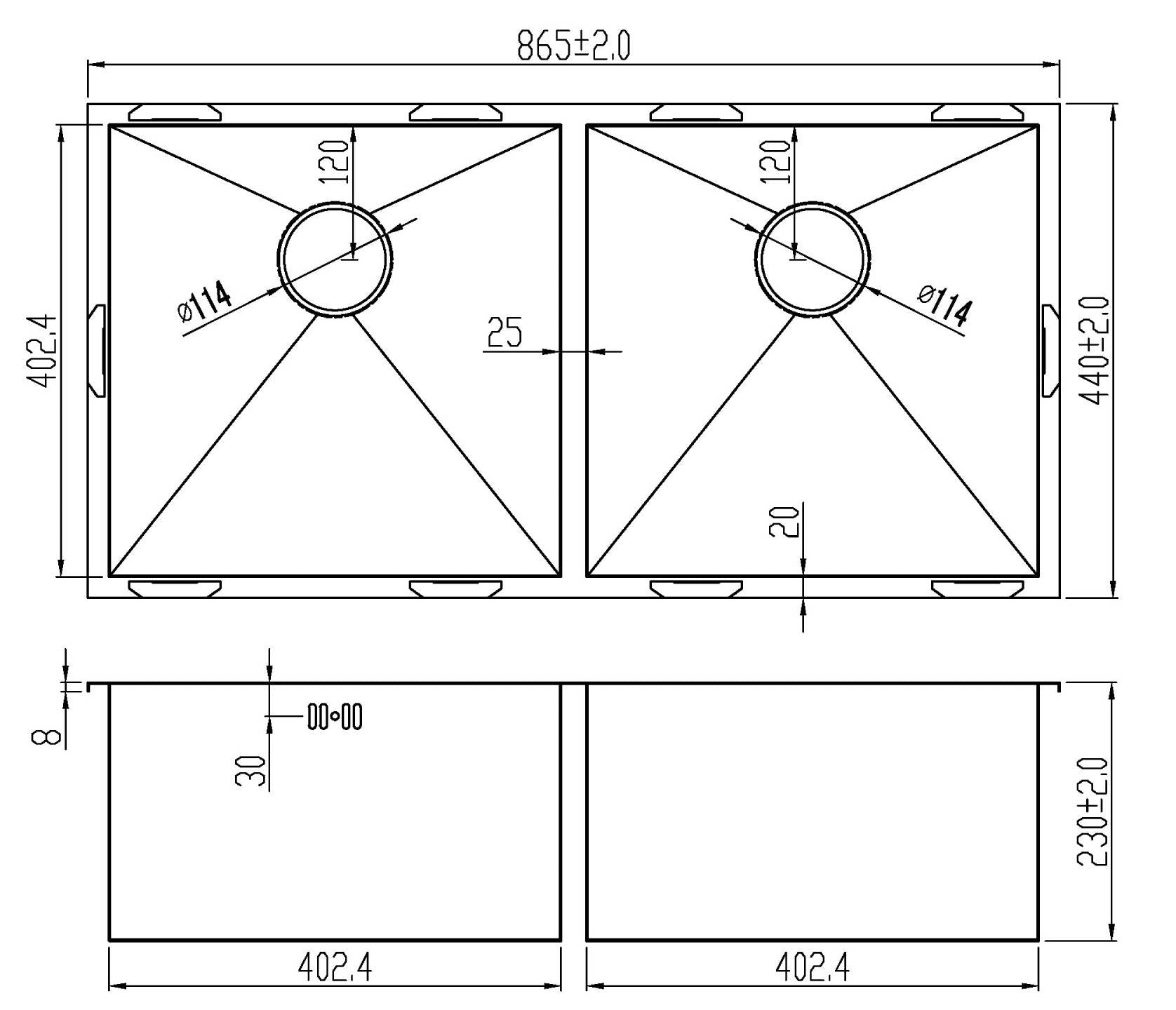 865 x 440mm Inset Double Bowl Handmade Stainless Steel Kitchen Sink (DS014)