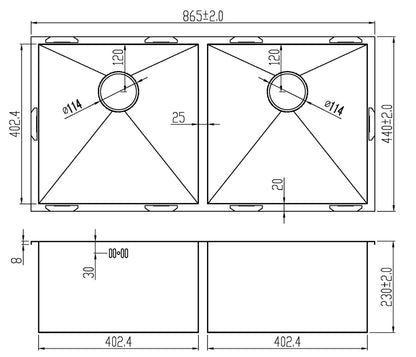 865 x 440mm Inset Double Bowl Handmade Stainless Steel Kitchen Sink (DS014)