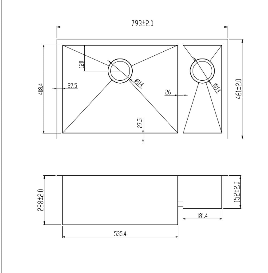 793 x 461mm Undermount 1.5 Bowl Handmade Stainless Steel Kitchen Sink (DS032)